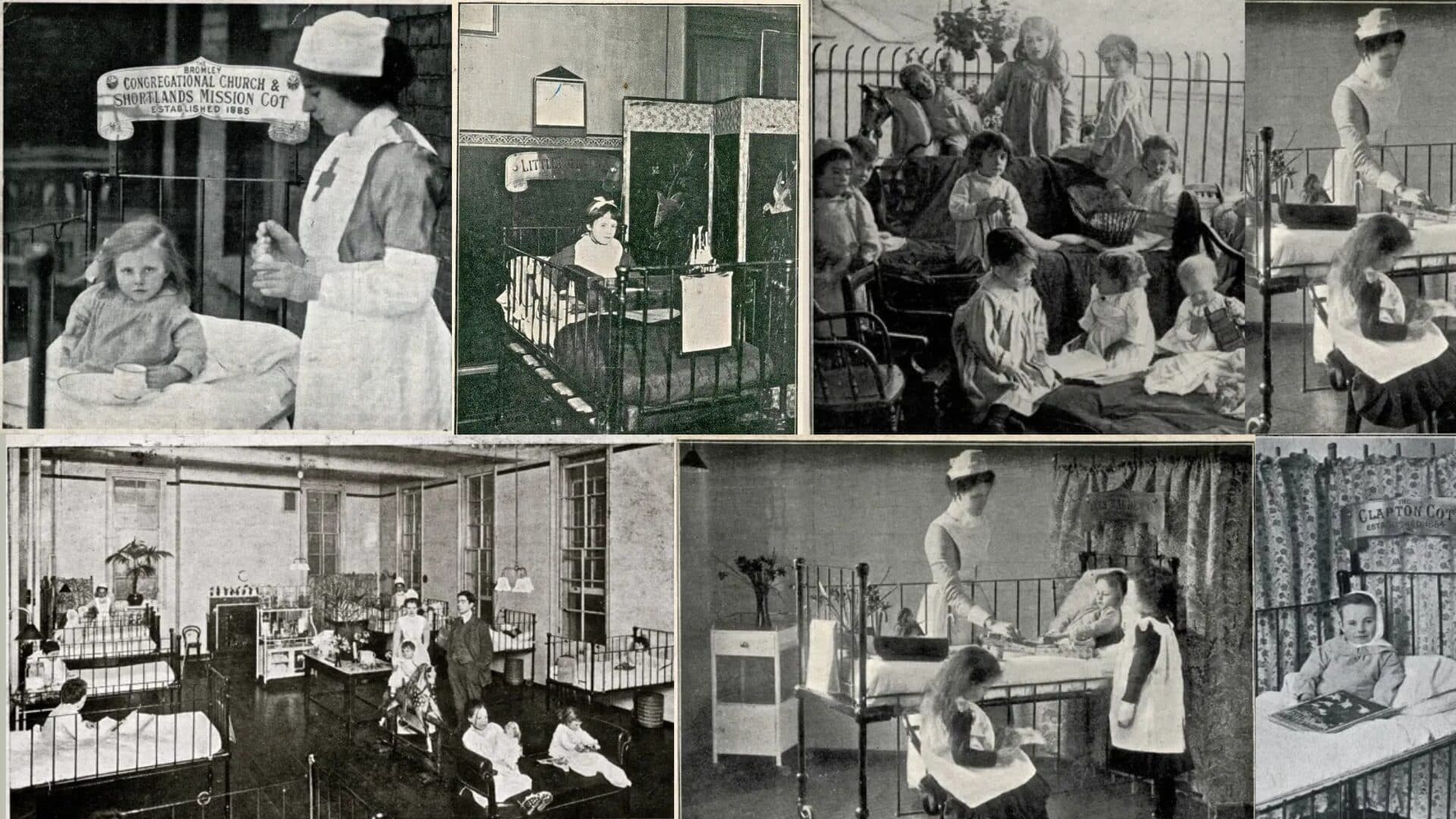 Historical photographs of children, nurses and hospital wards